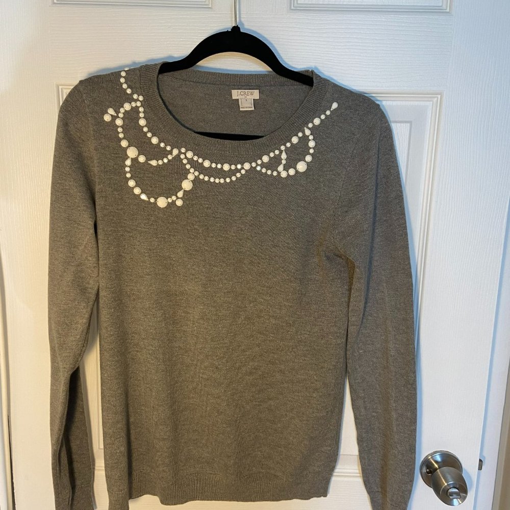 J. Crew Gray Beaded Crewneck Sweater